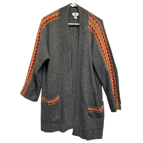 Jacquard Open Front Cardi-Coat Women Charcoal Gray Long Line Boho Aztec L - Picture 1 of 8